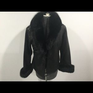 Womens Leather Jacket Fox Fur Trim Med - image 1